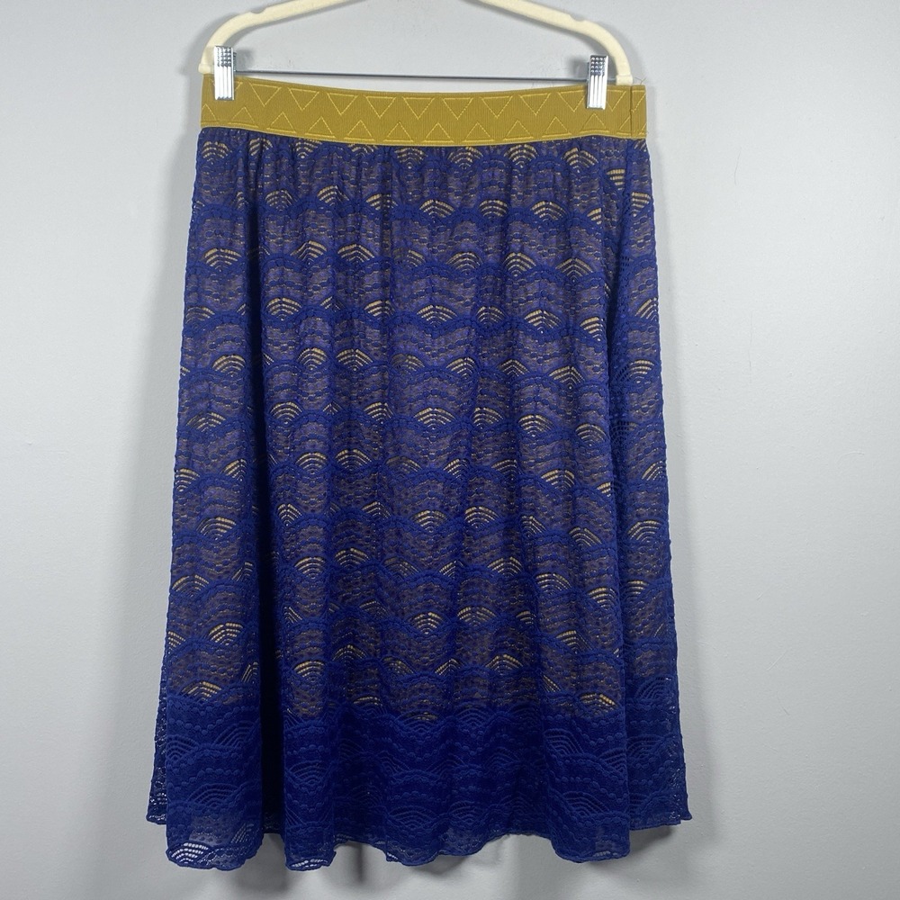 LuLaRoe Lola Skirt Women XL Blue Yellow Lace Midi A-Line Elastic Waist JC006